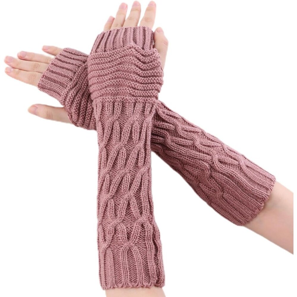 Women's Pink Thumb Hole Warm Arm Sleeves Fingerless Knit Wrist Mittens Gloves